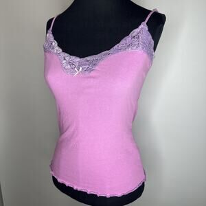 90s Y2K Vintage Lace Pink Purple Cami Top Scalloped Hem Cotton Size XS Fairycore